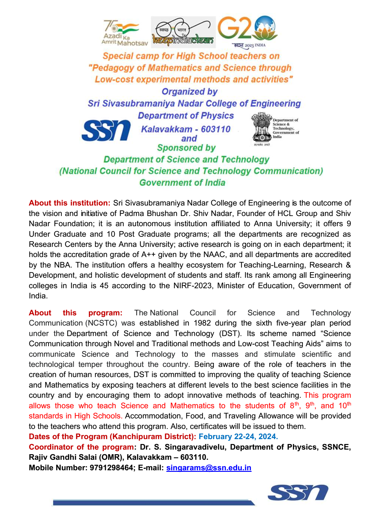 Speical Camp for School Teachers of Tamilnadu organized by SSN